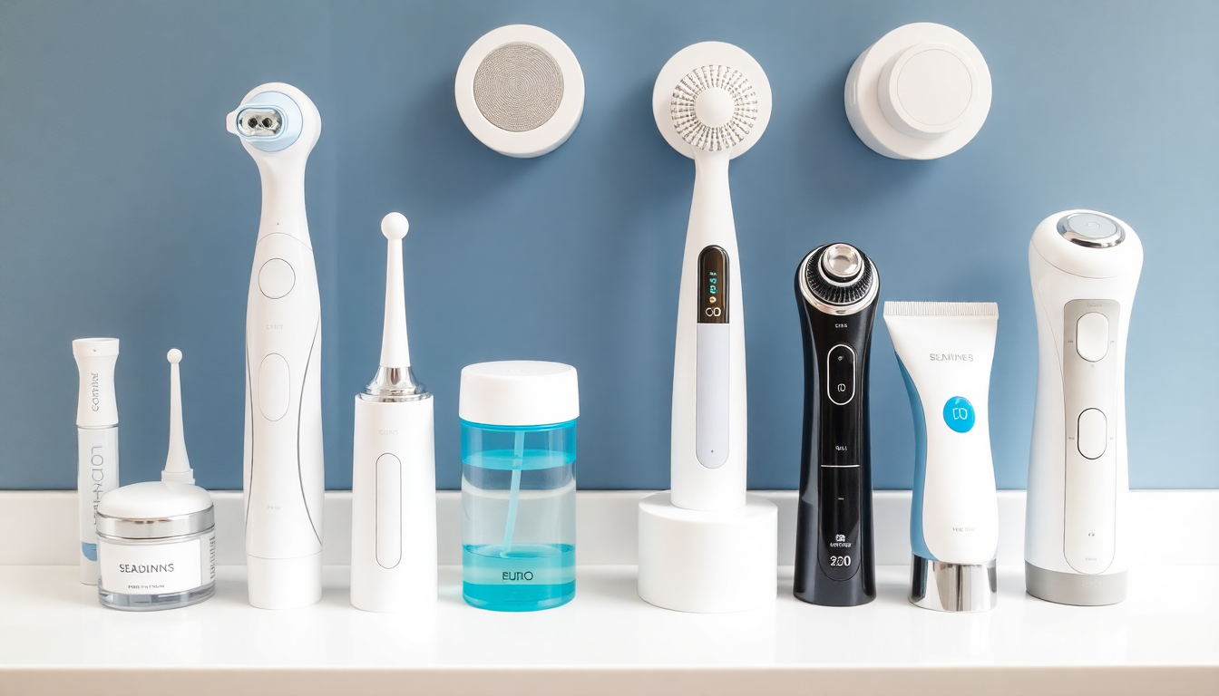 Various advanced facial cleansing devices displayed neatly
