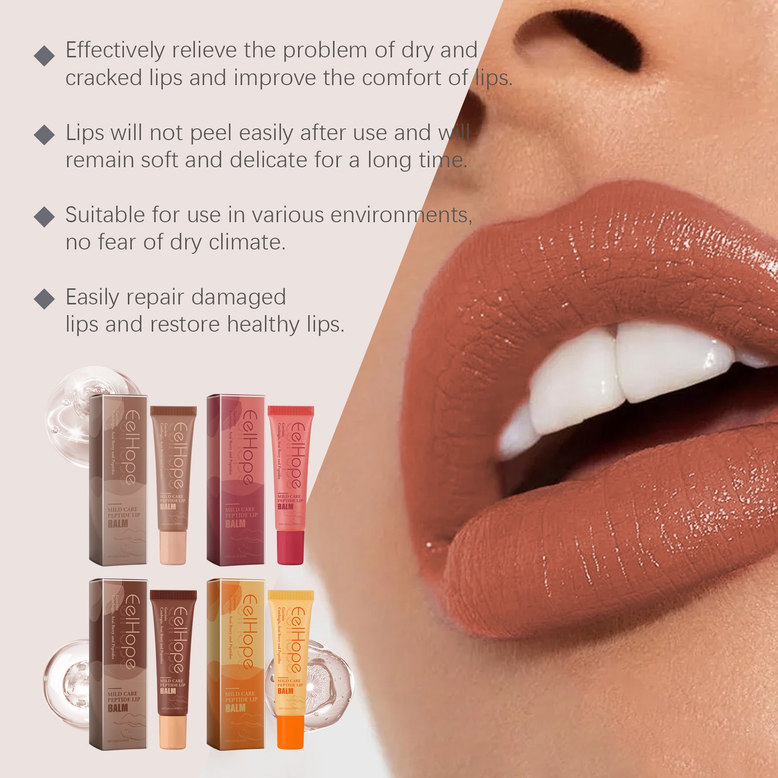 Close-up of lips with smooth brown lipstick and four lip balm products to relieve dry cracked lips