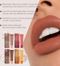 Close-up of lips with smooth brown lipstick and four lip balm products to relieve dry cracked lips