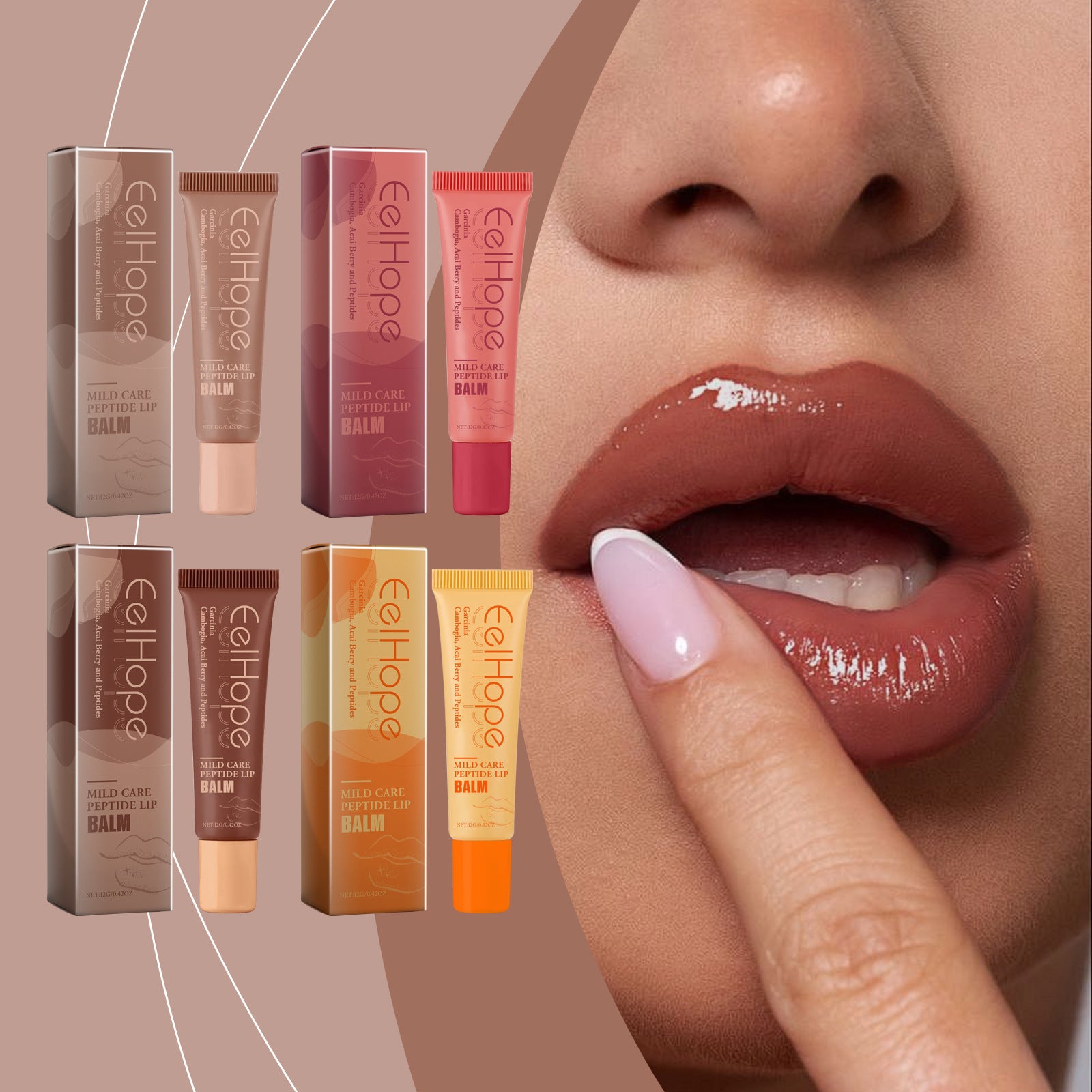 Set of four CellHope Mild Care Peptide Lip Balms in different shades with close-up of woman applying balm on glossy lips