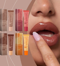 Set of four CellHope Mild Care Peptide Lip Balms in different shades with close-up of woman applying balm on glossy lips