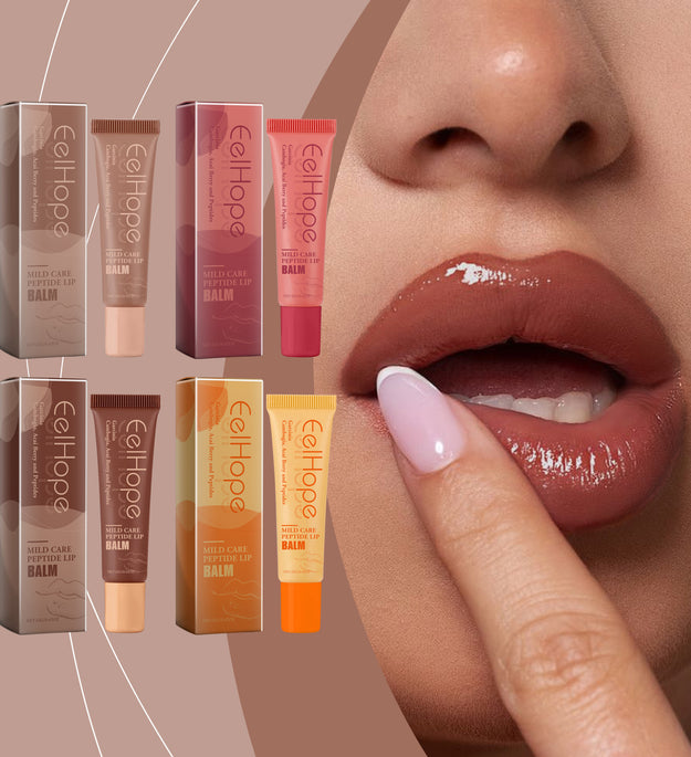Set of four CellHope Mild Care Peptide Lip Balms in different shades with close-up of woman applying balm on glossy lips