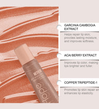Lip balm tube on a background with swirled color showcasing Garcinia Cambogia Extract, Acai Berry Extract, and Copper Tripeptide-1 benefits