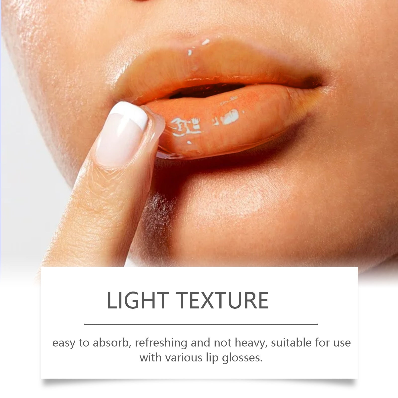 Close-up of woman applying light texture lip gloss on lips with finger