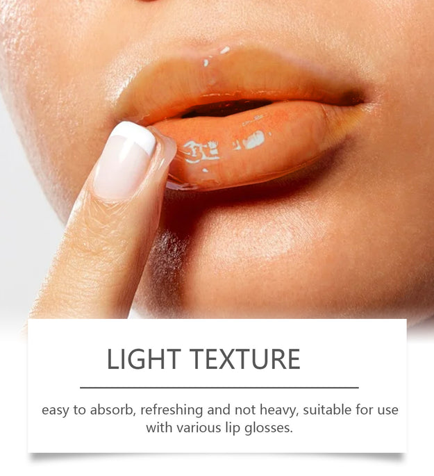 Set of four CellHope Mild Care Peptide Lip Balms in different shades with close-up of woman applying balm on glossy lips