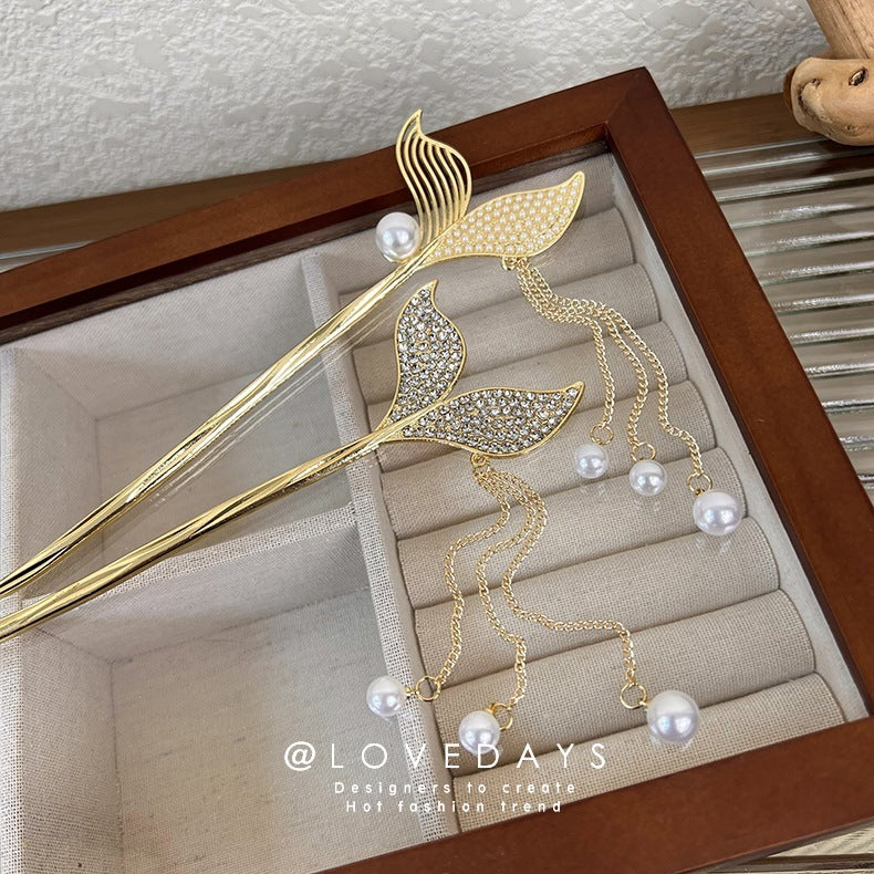Mermaid Tail Tassel Hairpin Pearl Rhinestone