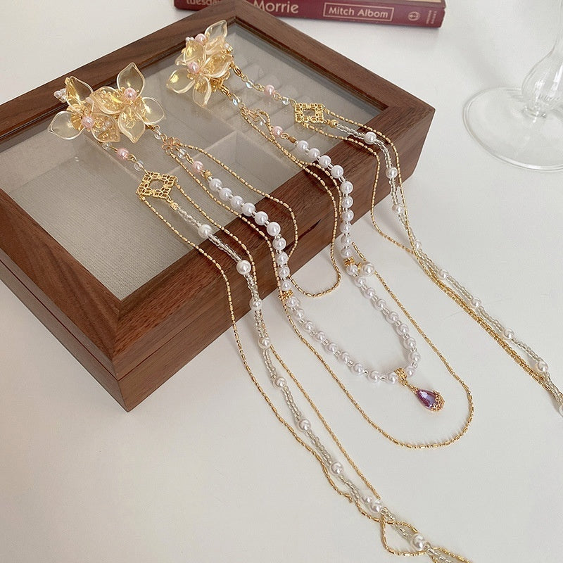 Women's Pearl Diamond Flower Long Tassel Hairpin