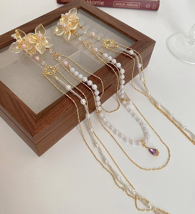 Women's Pearl Diamond Flower Long Tassel Hairpin