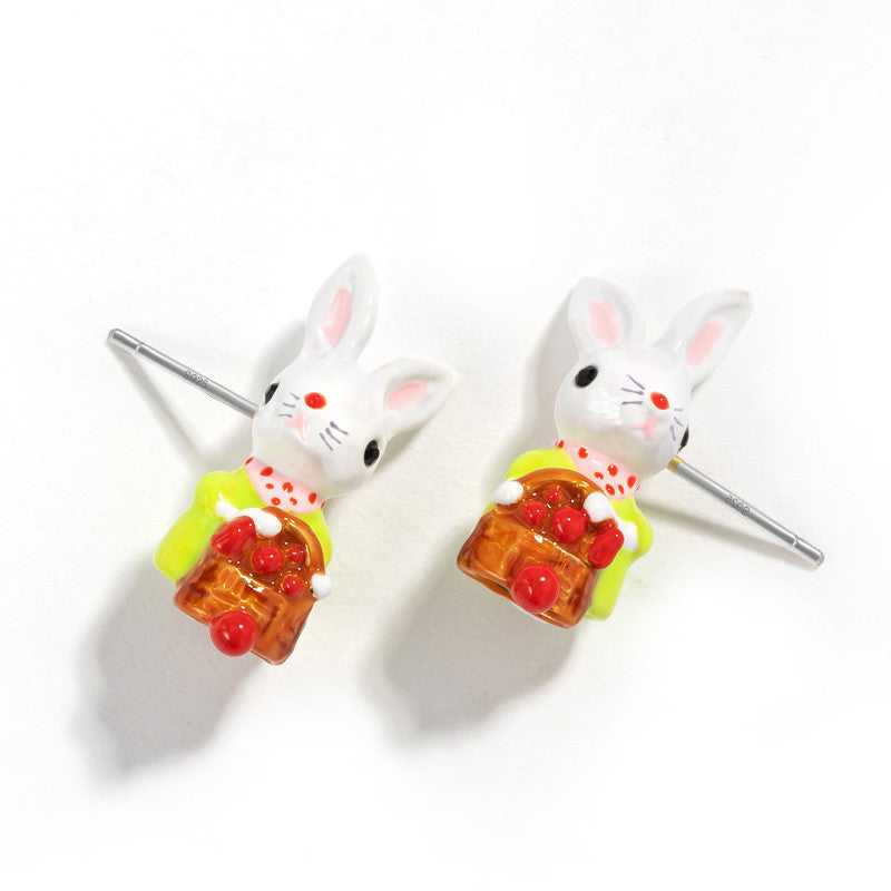 Cute Rabbit Lily Of The Valley Flower Earrings Ladies Girl Mori Series Enamel Earrings