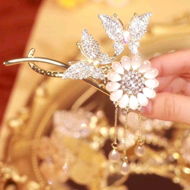 Women's Versatile Double Butterfly Sunflower Tassel Hairpin