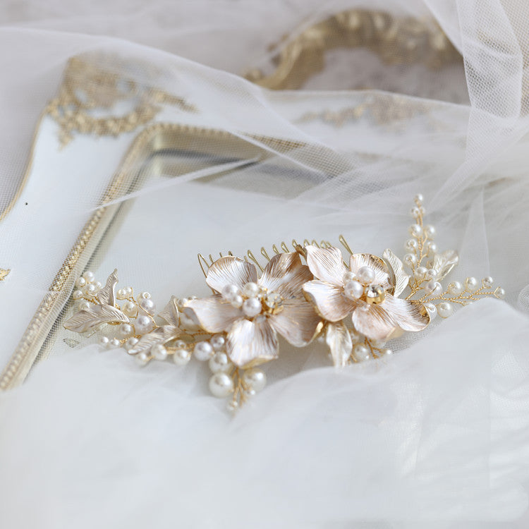 Large Flower Pearl Hair Comb Bridal Beads