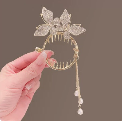 Double Butterfly High Ponytail Buckle Hairpin Female Tassel Headdress Grab Clip