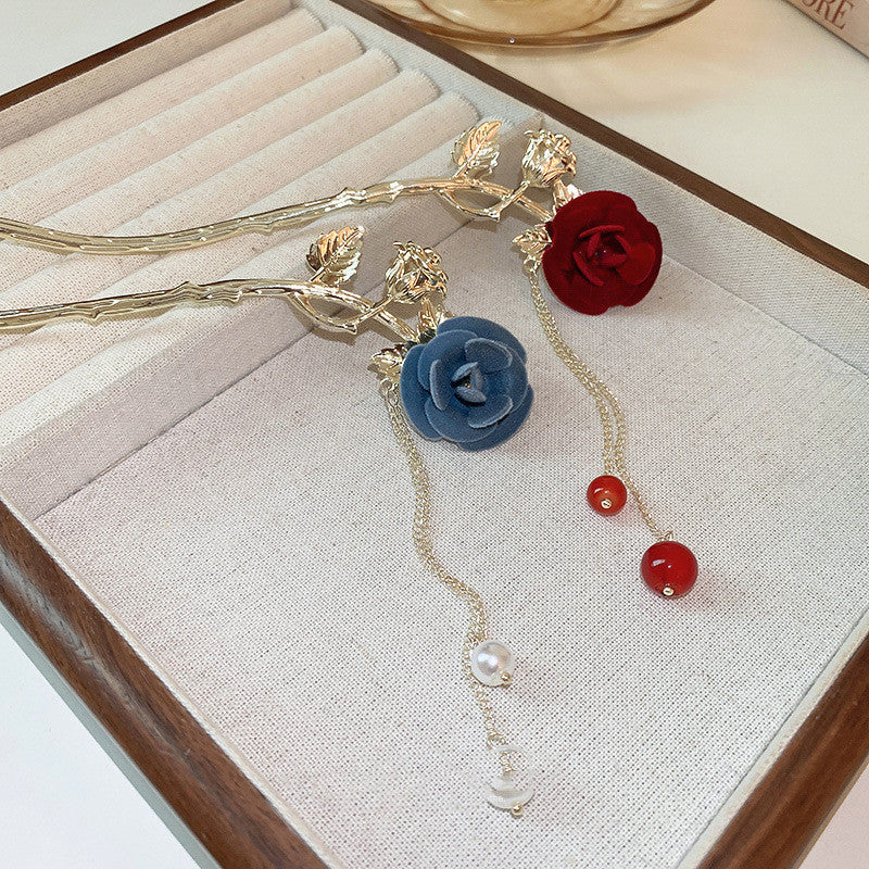 Flocking Rose Flower Leaves Pearl Tassel Hairpin