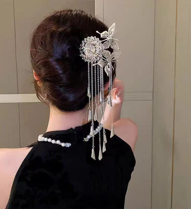 Retro Butterfly Tassel Hairpin Silver Simple Women