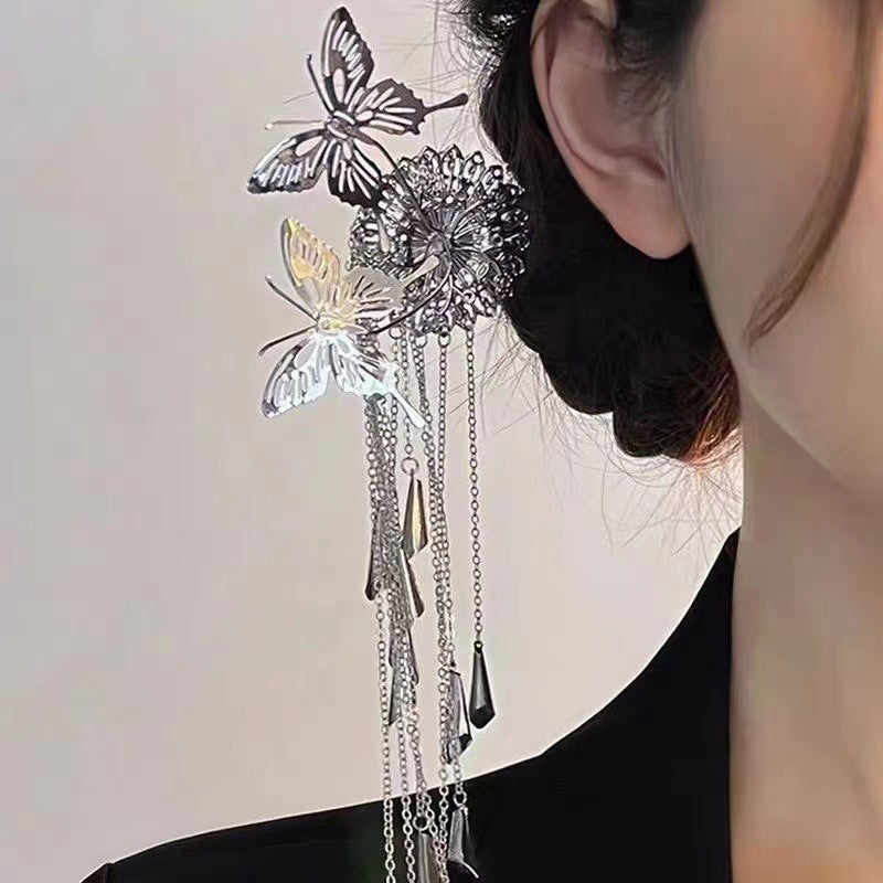Retro Butterfly Tassel Hairpin Silver Simple Women