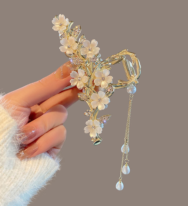 Large Metal Pearl Bell Orchid Tassel Hair Clip