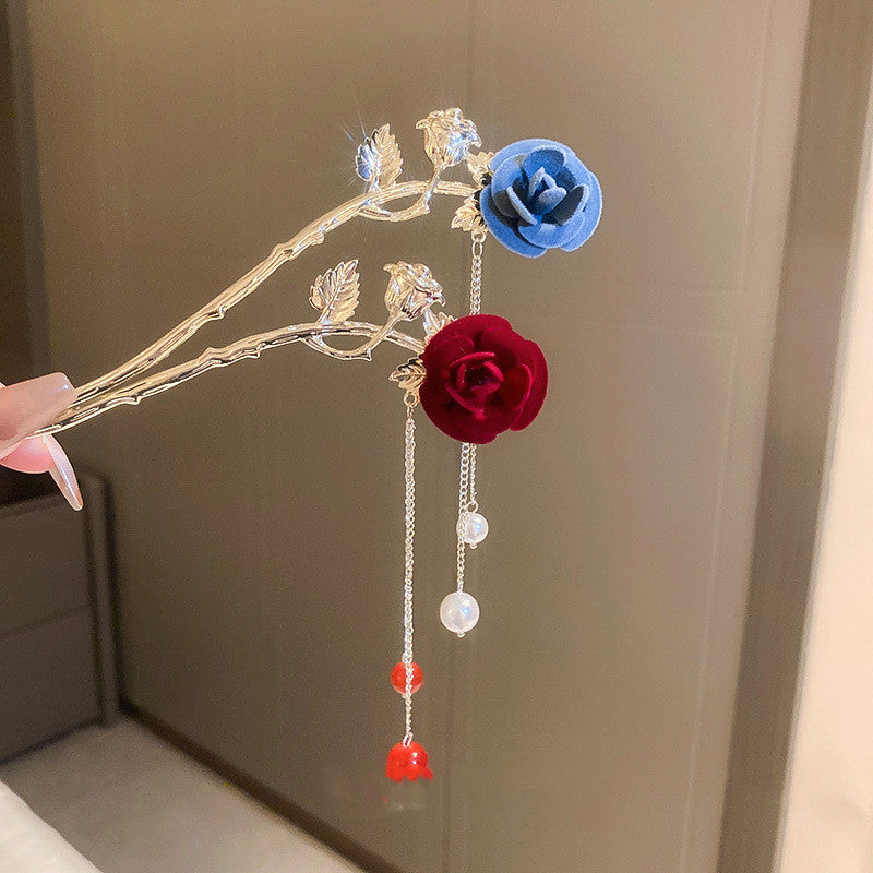 Flocking Rose Flower Leaves Pearl Tassel Hairpin
