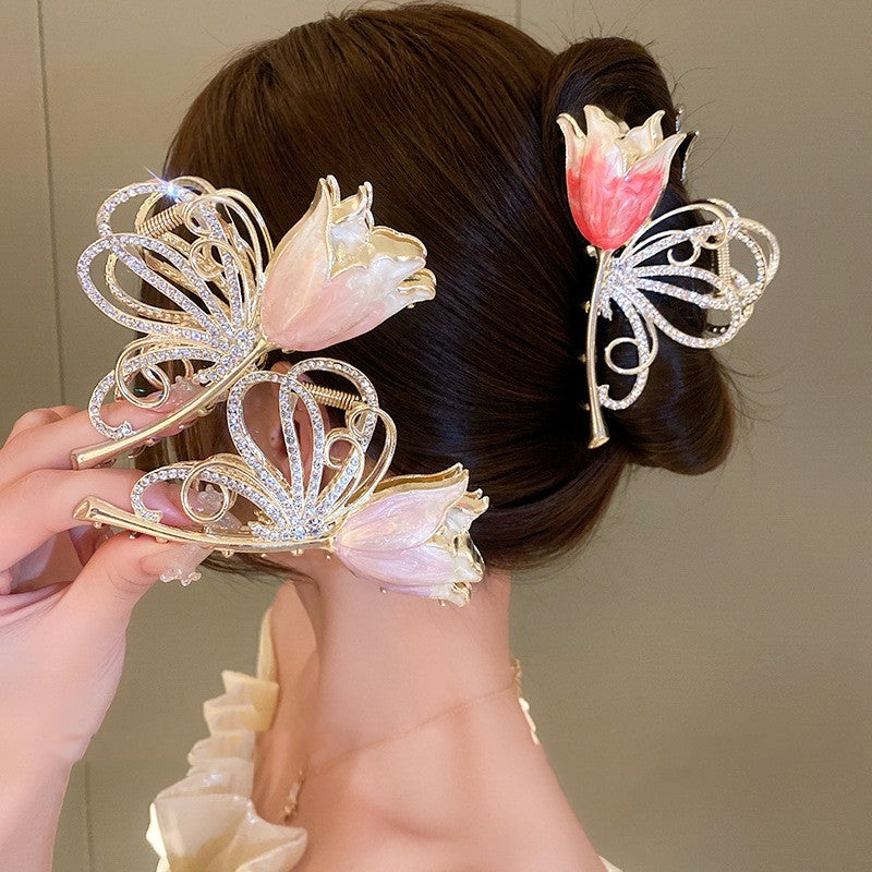 Women's Diamond-encrusted Butterfly Wings Flower Hairpin