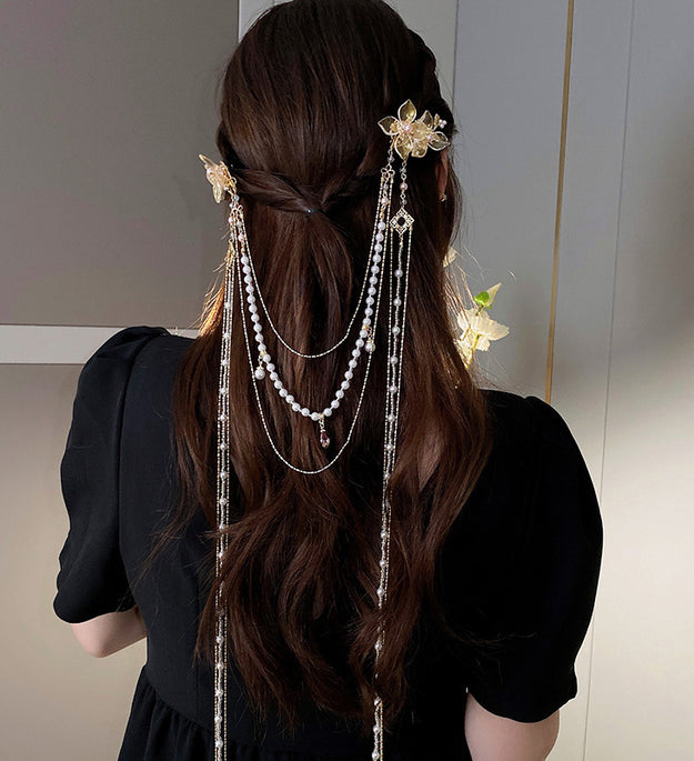 Pearl Studded Diamond Flower Long Tassel Hair Clip