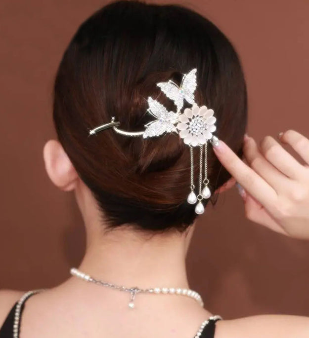 Women's Versatile Double Butterfly Sunflower Tassel Hairpin