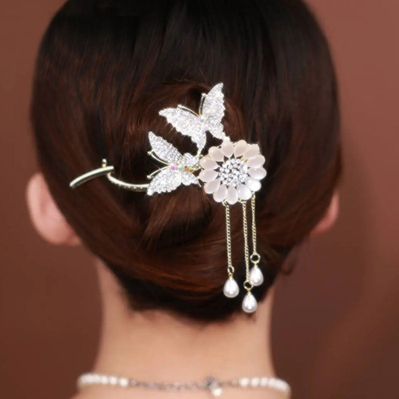 Women's Versatile Double Butterfly Sunflower Tassel Hairpin