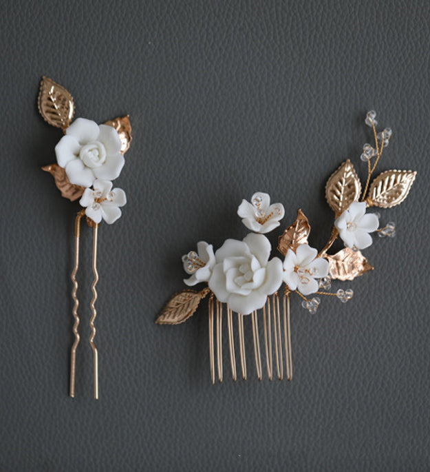 Handmade Beaded Ceramic Flower Hairpin