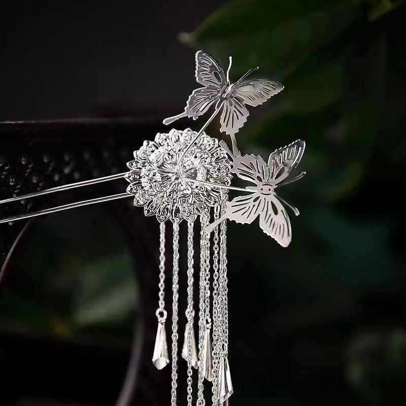 Retro Butterfly Tassel Hairpin Silver Simple Women