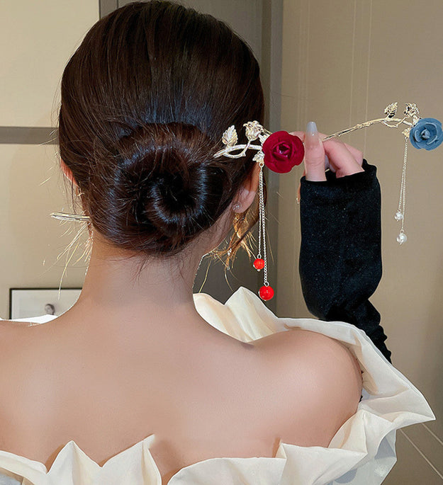 Flocking Rose Flower Leaves Pearl Tassel Hairpin