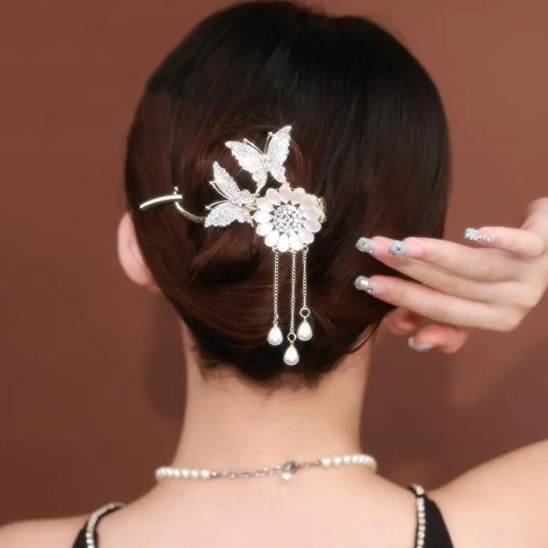 Women's Versatile Double Butterfly Sunflower Tassel Hairpin