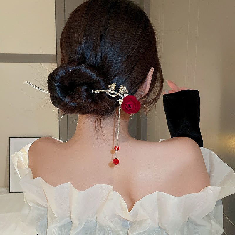 Flocking Rose Flower Leaves Pearl Tassel Hairpin
