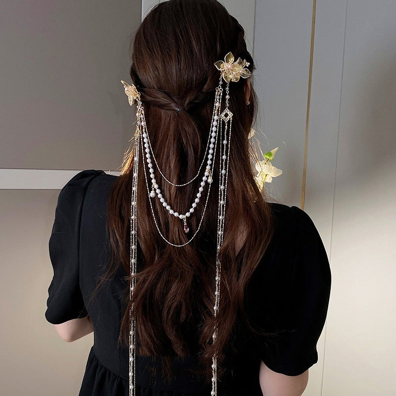 Women's Pearl Diamond Flower Long Tassel Hairpin