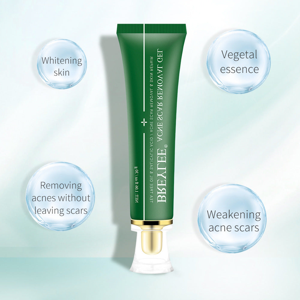 Green tube of acne scar removal gel with whitening skin and weakening acne scars benefits