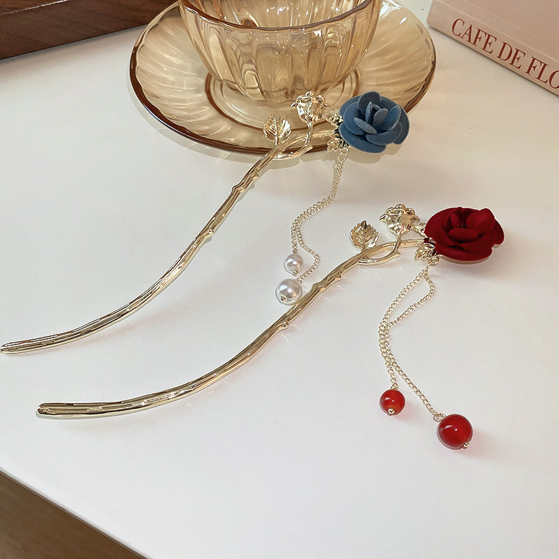 Flocking Rose Flower Leaves Pearl Tassel Hairpin