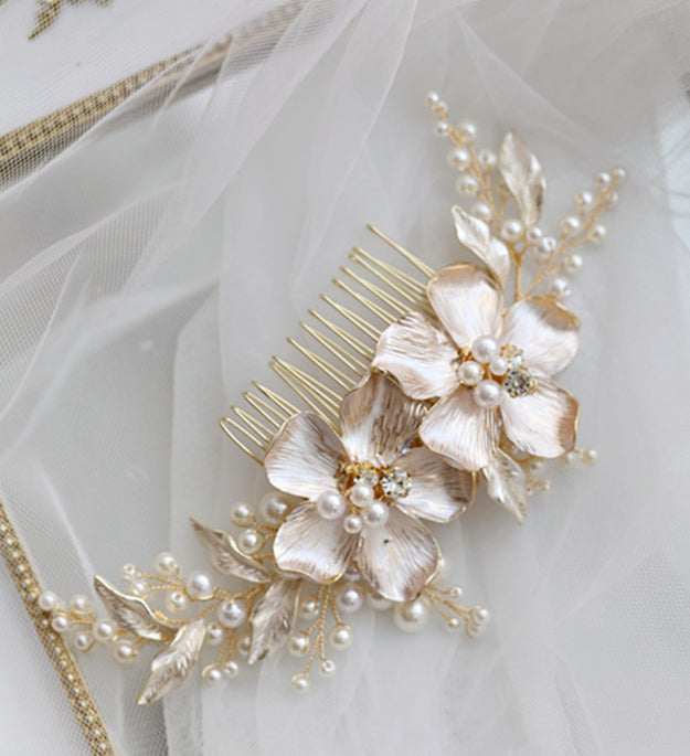 Large Flower Pearl Hair Comb Bridal Beads