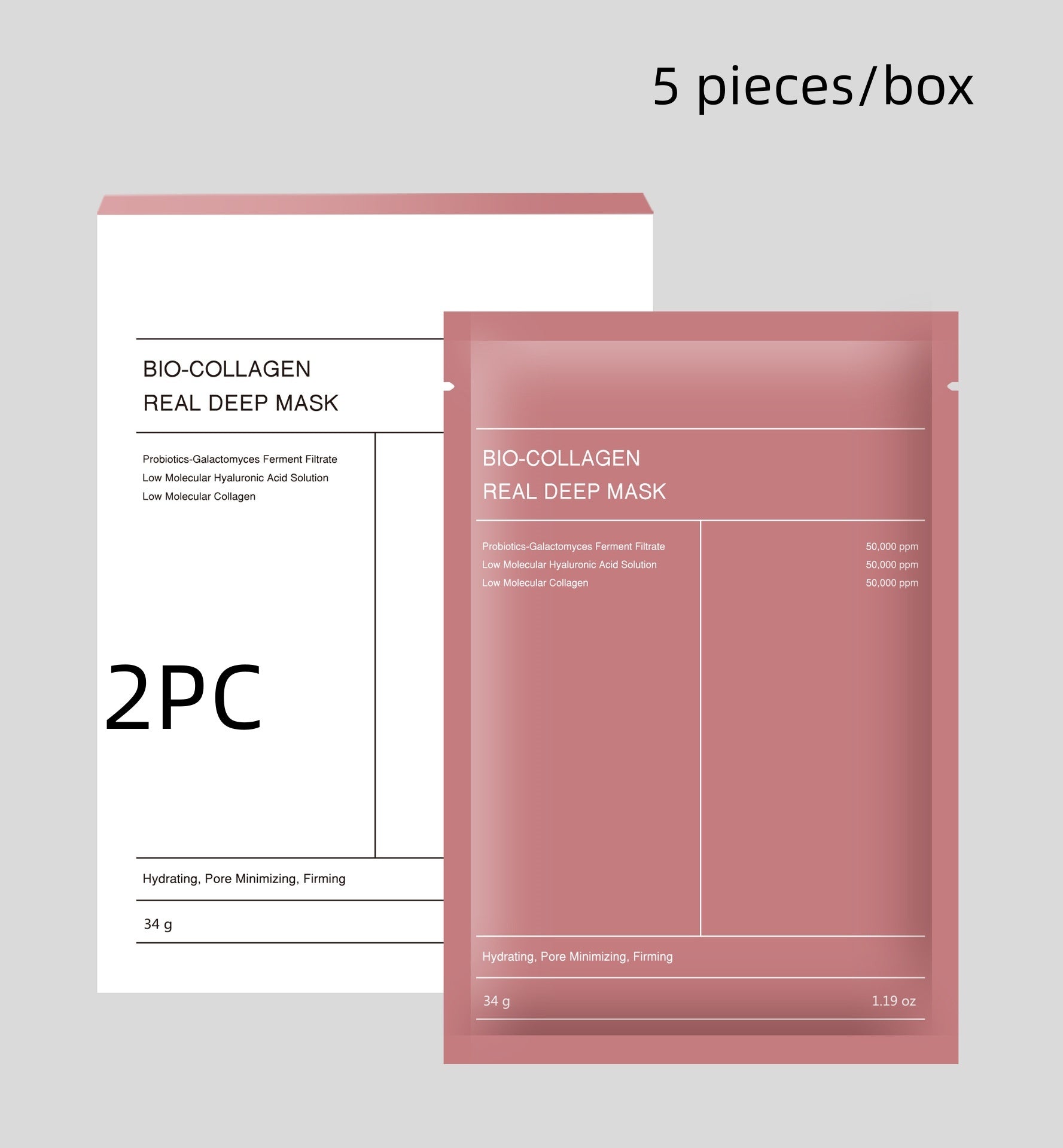 Bio Collagen deep hydration facial mask pink sachet and white box packaging labeled 5 pieces per box
