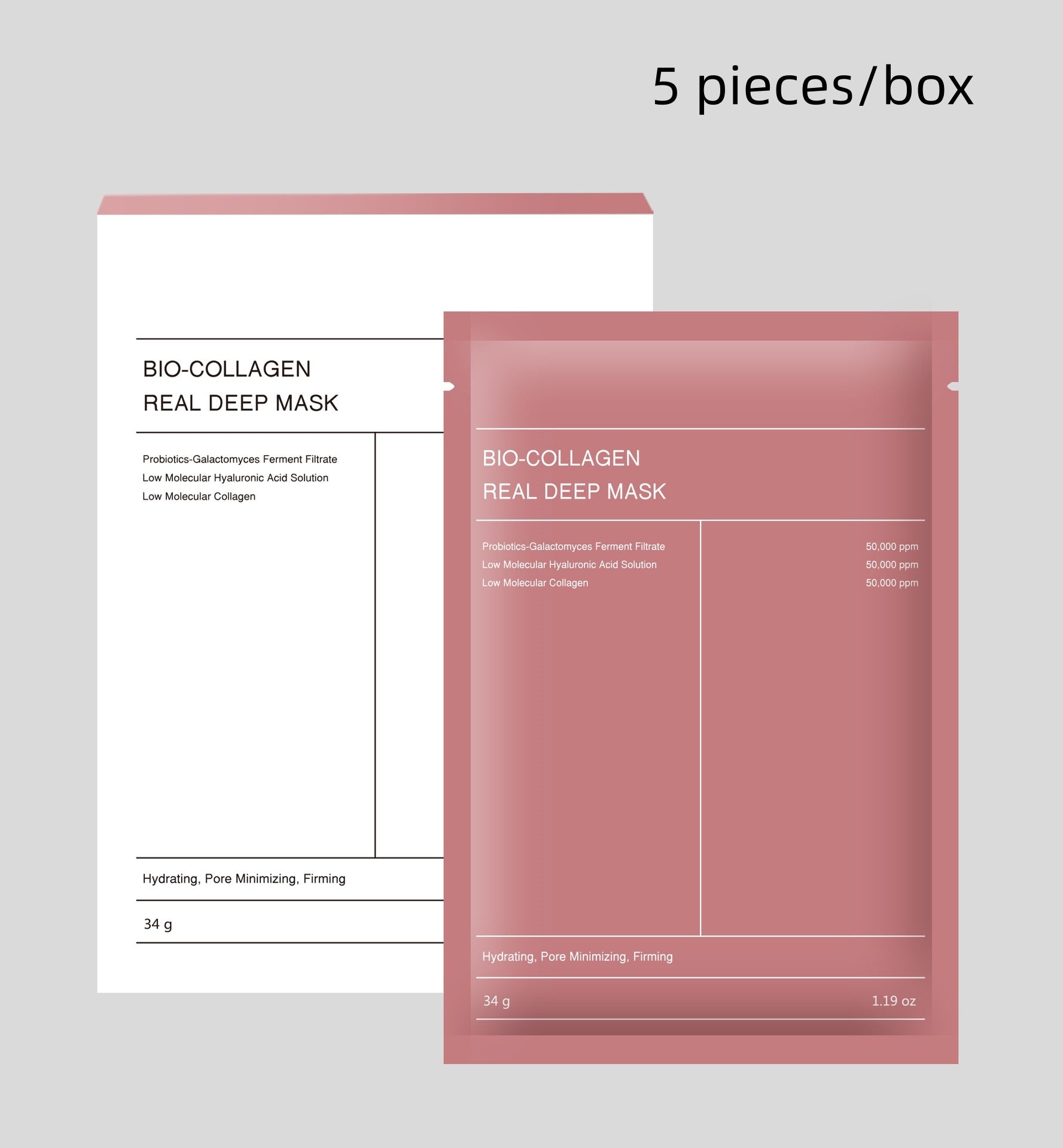 Pink sachet and white box packaging of Bio Collagen Real Deep Mask 5 pieces box showing deep hydration facial mask