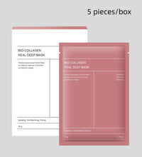 Pink sachet and white box packaging of Bio Collagen Real Deep Mask 5 pieces box showing deep hydration facial mask