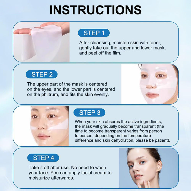 Instruction diagram showing step by step application of a deep hydration facial mask with close ups of hands and models face