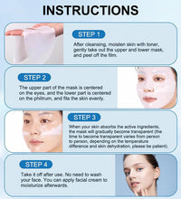 Instruction diagram showing step by step application of a deep hydration facial mask with close ups of hands and models face