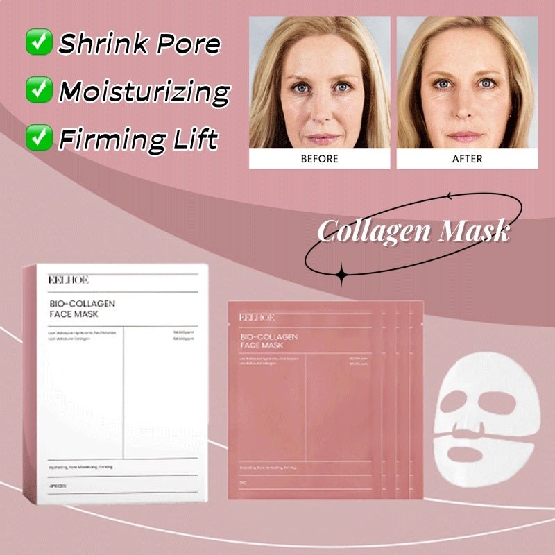 Bio collagen face mask packaging and before after photos showing firming results deep hydration facial mask