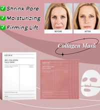 Bio collagen face mask packaging and before after photos showing firming results deep hydration facial mask