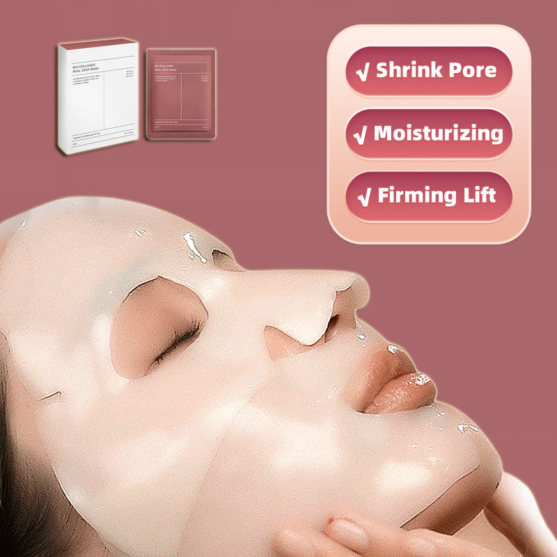 Woman wearing glossy sheet mask with box packaging, deep hydration facial mask for moisturizing and pore firming
