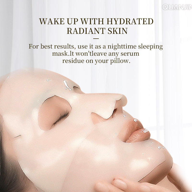 Woman wearing glossy overnight sheet mask with serum droplets for overnight recovery deep hydration facial mask