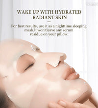 Woman wearing glossy overnight sheet mask with serum droplets for overnight recovery deep hydration facial mask