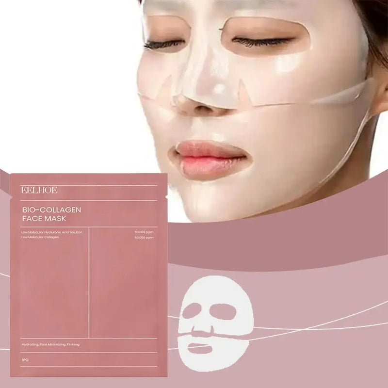 Woman wearing collagen sheet mask with pink bio collagen packaging deep hydration facial mask for moisturizing and firming skin
