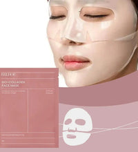 Woman wearing collagen sheet mask with pink bio collagen packaging deep hydration facial mask for moisturizing and firming skin