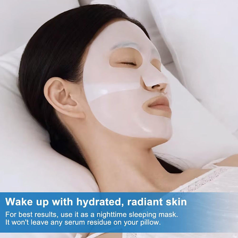Woman sleeping with a white sheet mask on her face demonstrating deep hydration facial mask for radiant skin