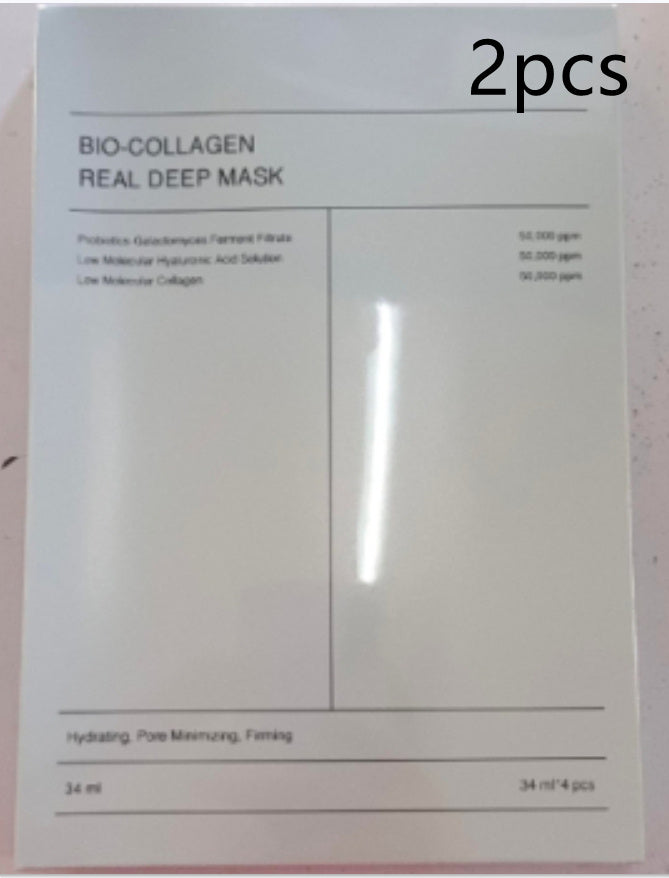 White Bio Collagen Real Deep Mask box packaging labeled 2pcs hydrating pore minimizing firming deep hydration facial mask