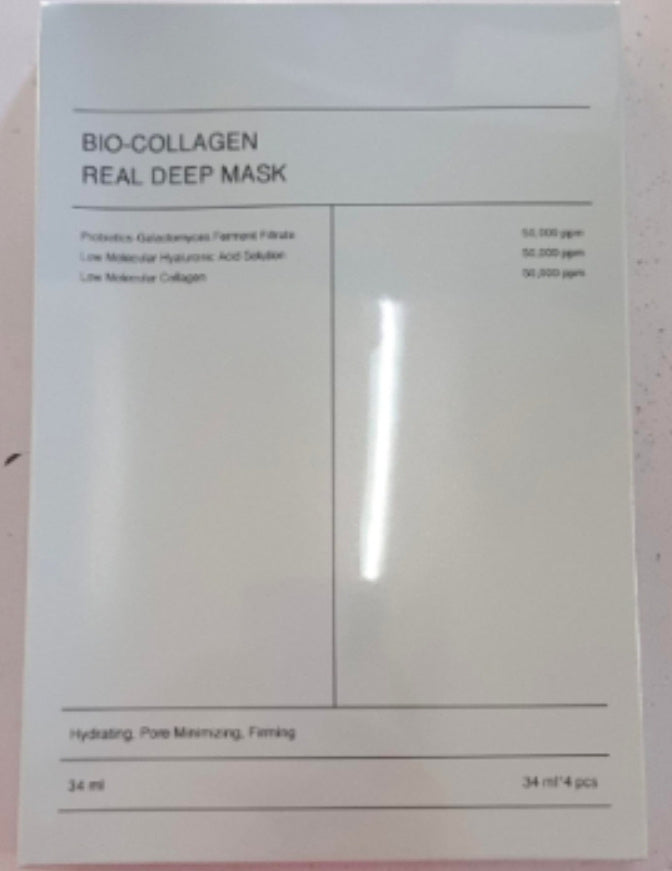 White Bio Collagen Real Deep Mask sachet showing product text 34 ml hydrating pore minimizing firming deep hydration facial mask