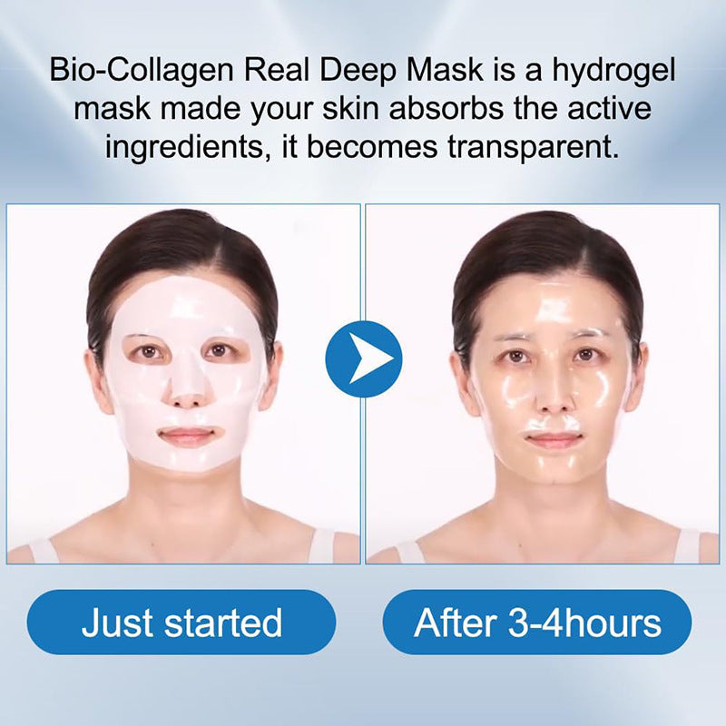 Woman before and after wearing a bio collagen hydrogel deep hydration facial mask opaque then transparent after hours